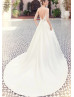 Spaghetti Straps Ivory Satin Lace Wedding Dress With Pockets